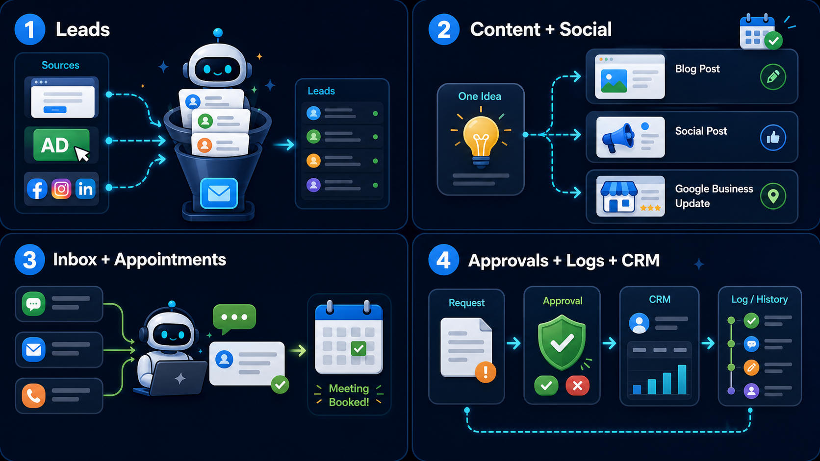 Cartoon infographic showing the main AI employee workflow modules